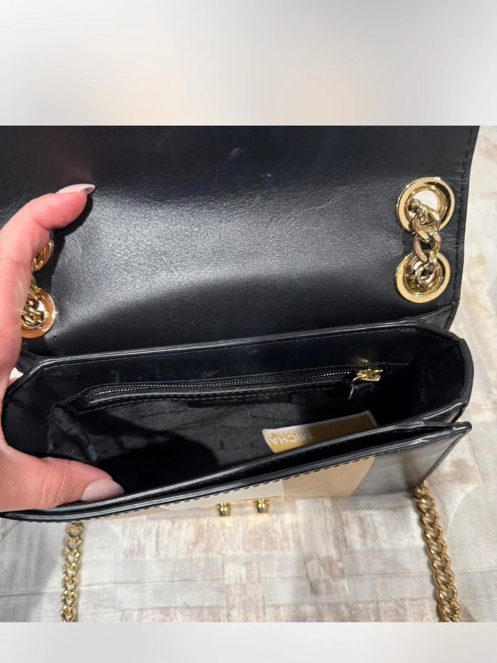 Michael Kors Black Tan Cream Striped Leather Chain Crossbody